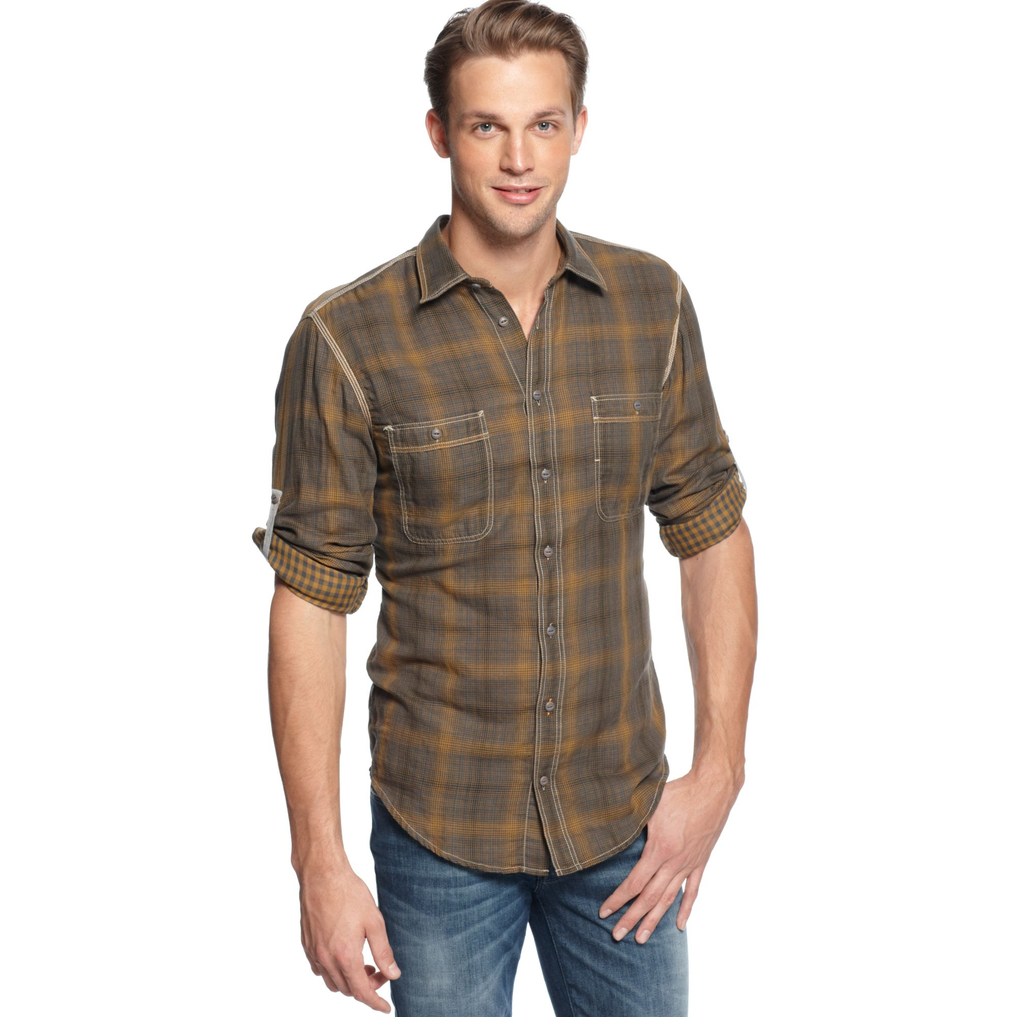 Hugo Boss Boss Orange Long Sleeve Califoe Plaid Shirt in Khaki for Men