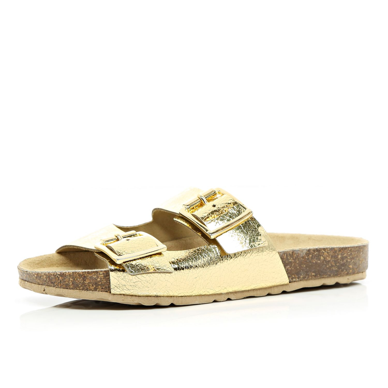 River Island Gold Metallic Double Strap Mule Sandals in Gold | Lyst