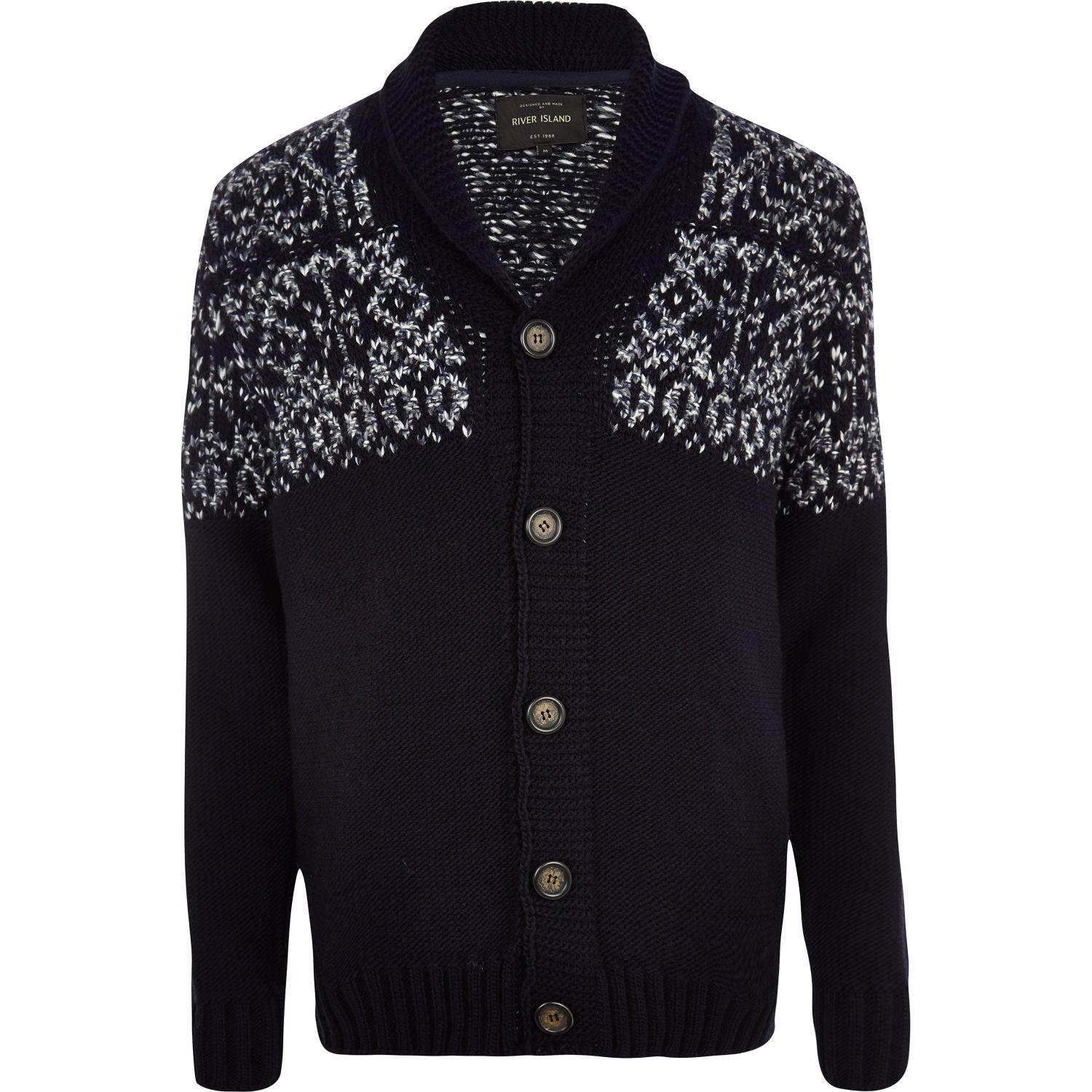 River Island Navy Fair Isle Yoke Shawl Collar Cardigan in Blue for Men
