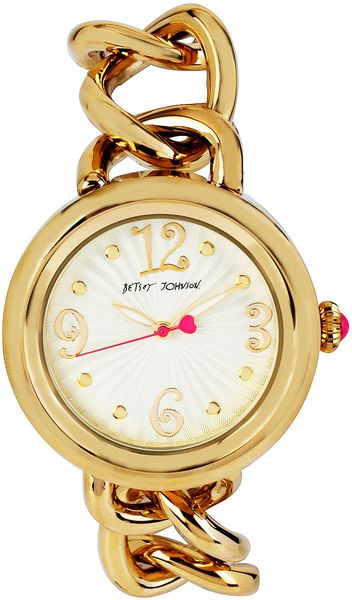 Betsey Johnson Ladies Gold Tone Link And Leather Strap Watch in Gold