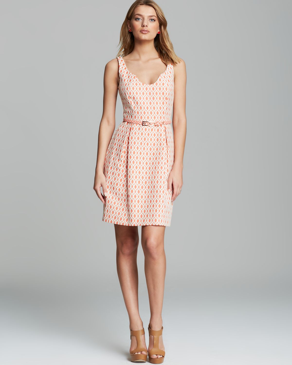 Trina Turk Dress Solange Crescent Jacquard Belted in Pink (Grenadine
