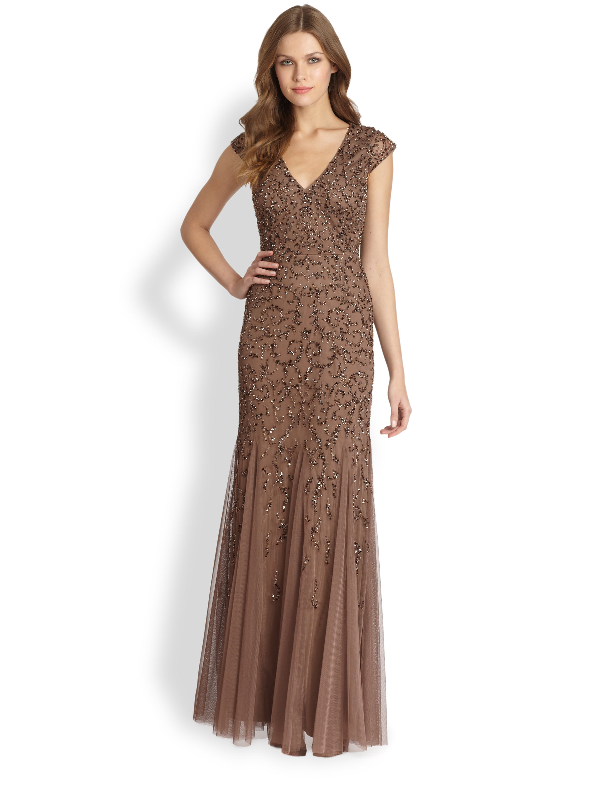 Aidan Mattox Embellished Capsleeve Gown in Brown (BLACK) | Lyst