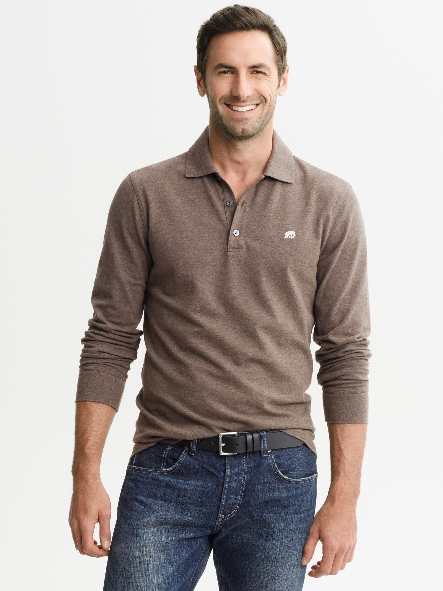 Banana Republic Signature Long Sleeve PiquÃ© Polo in Brown for Men (brown truffle) | Lyst