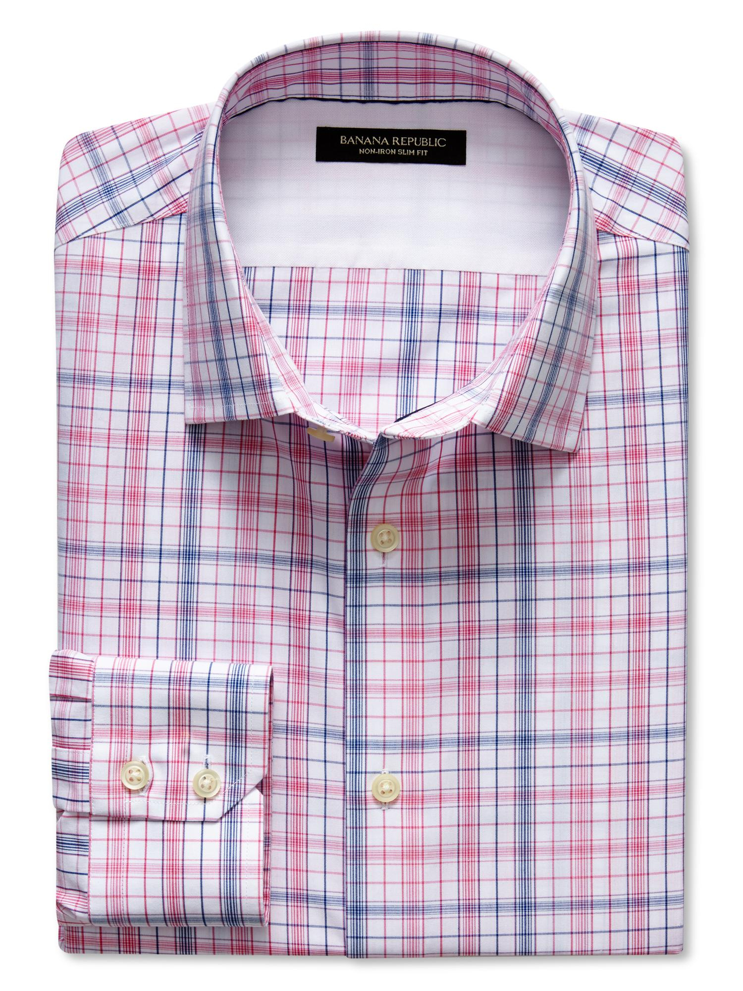 Banana Republic Slim Fit Non Iron Open Plaid Shirt Maui Rose in Pink