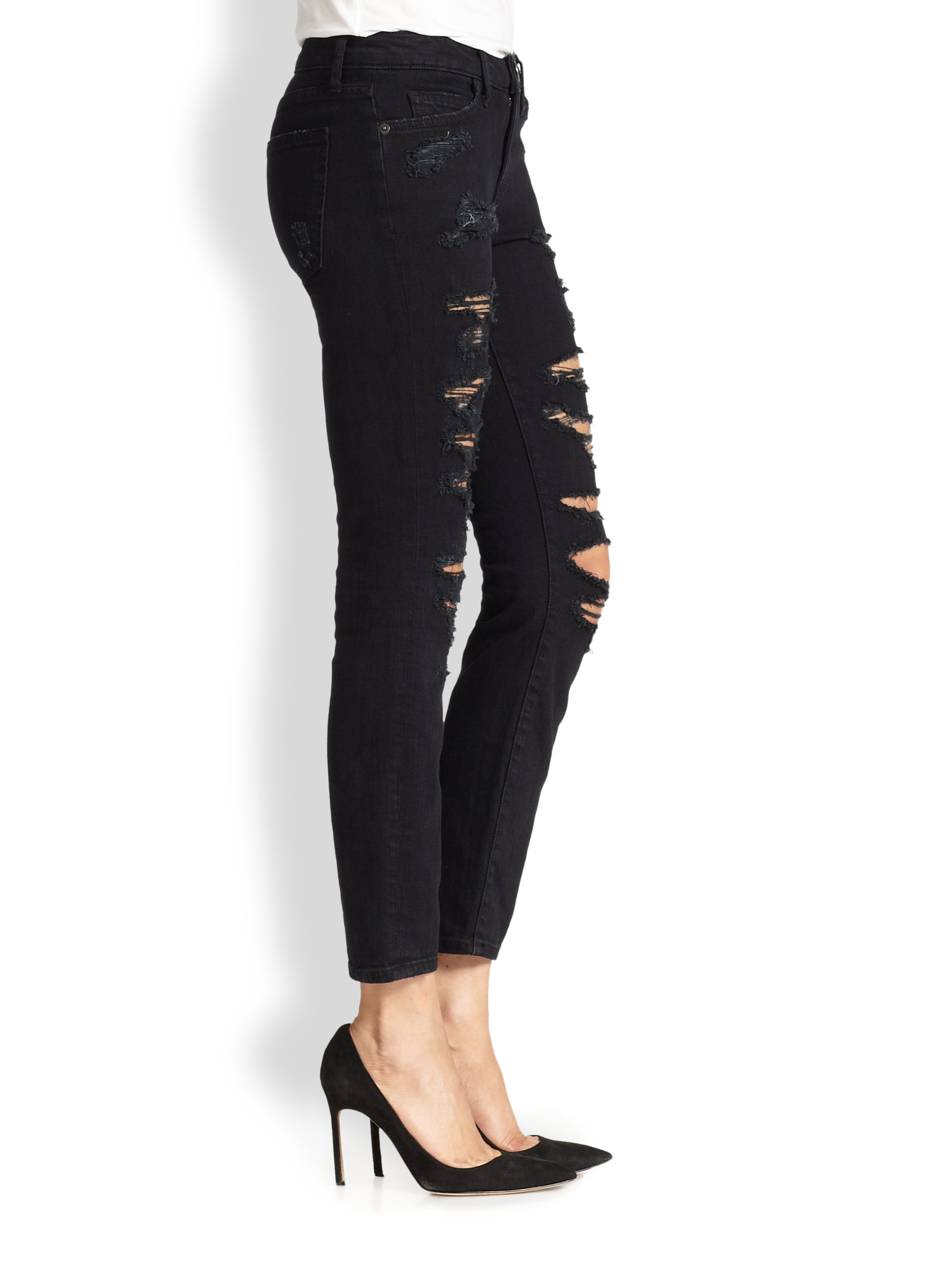 Current/elliott Stiletto Shredded Skinny Jeans in Black (BLACK TATTERED