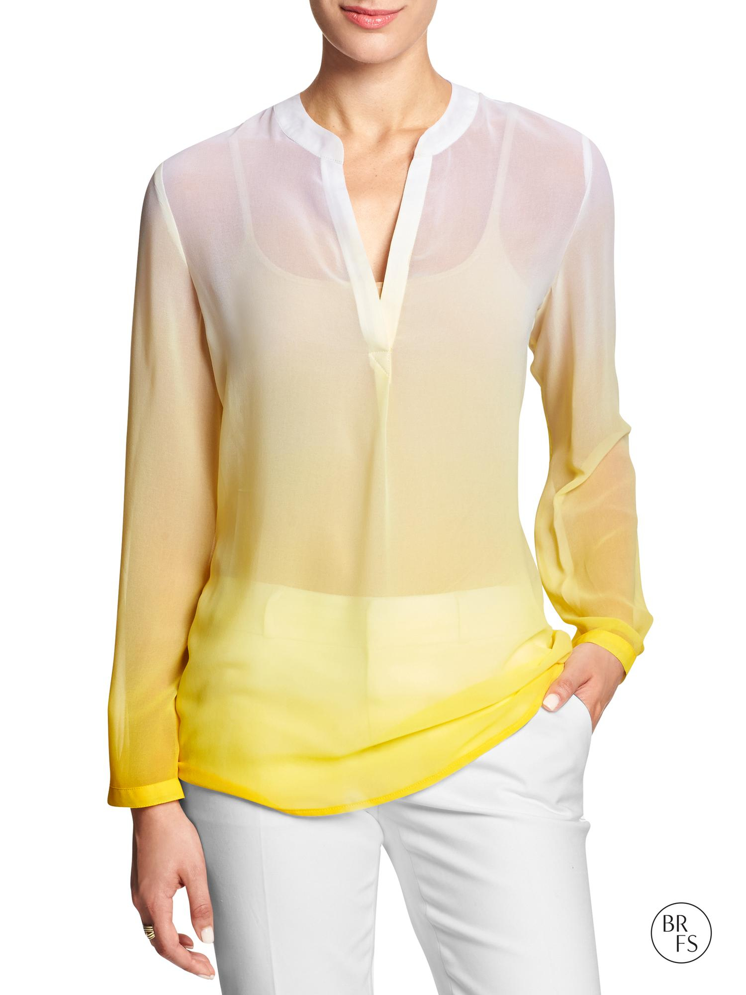 Banana Republic Factory Sheer Collarless Blouse Warm Neutral Print in