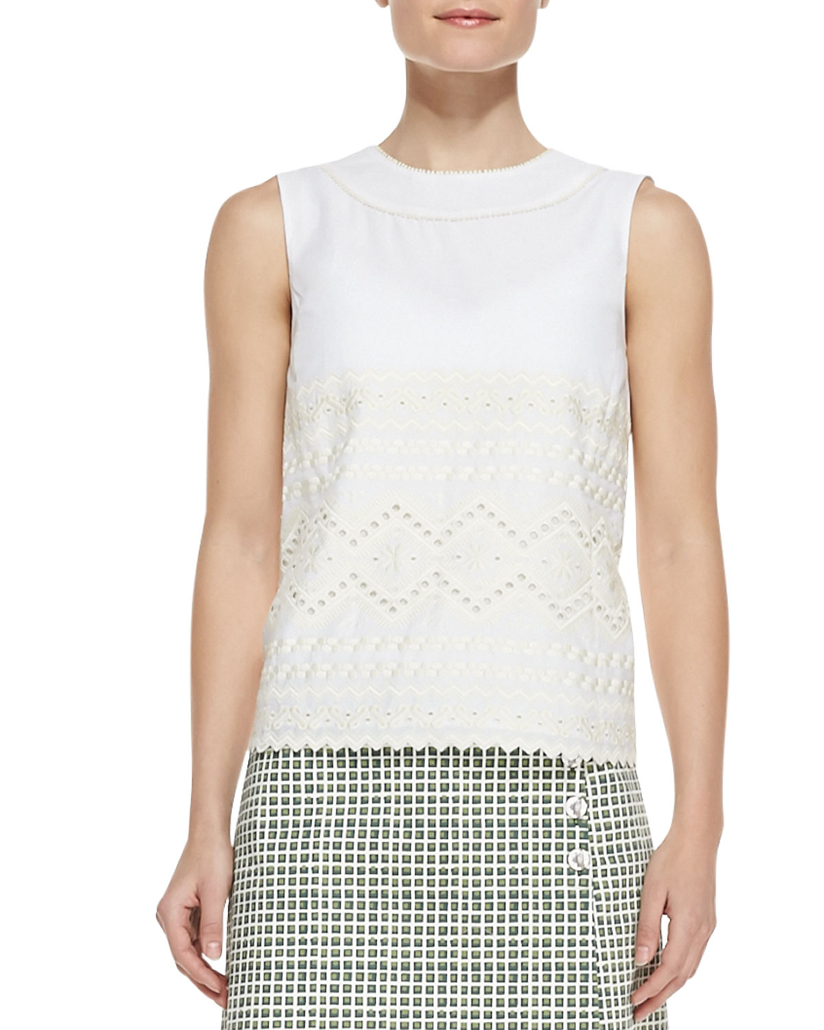 Tory Burch Seraphina Embroidered Sleeveless Cotton Top in White (WHITE