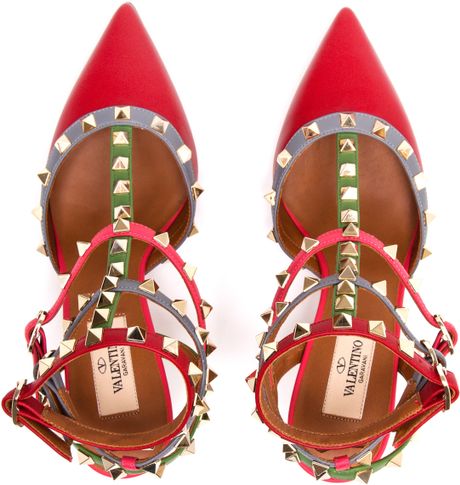 Valentino Rockstud Matte Leather Kitten Heels in Red | Lyst