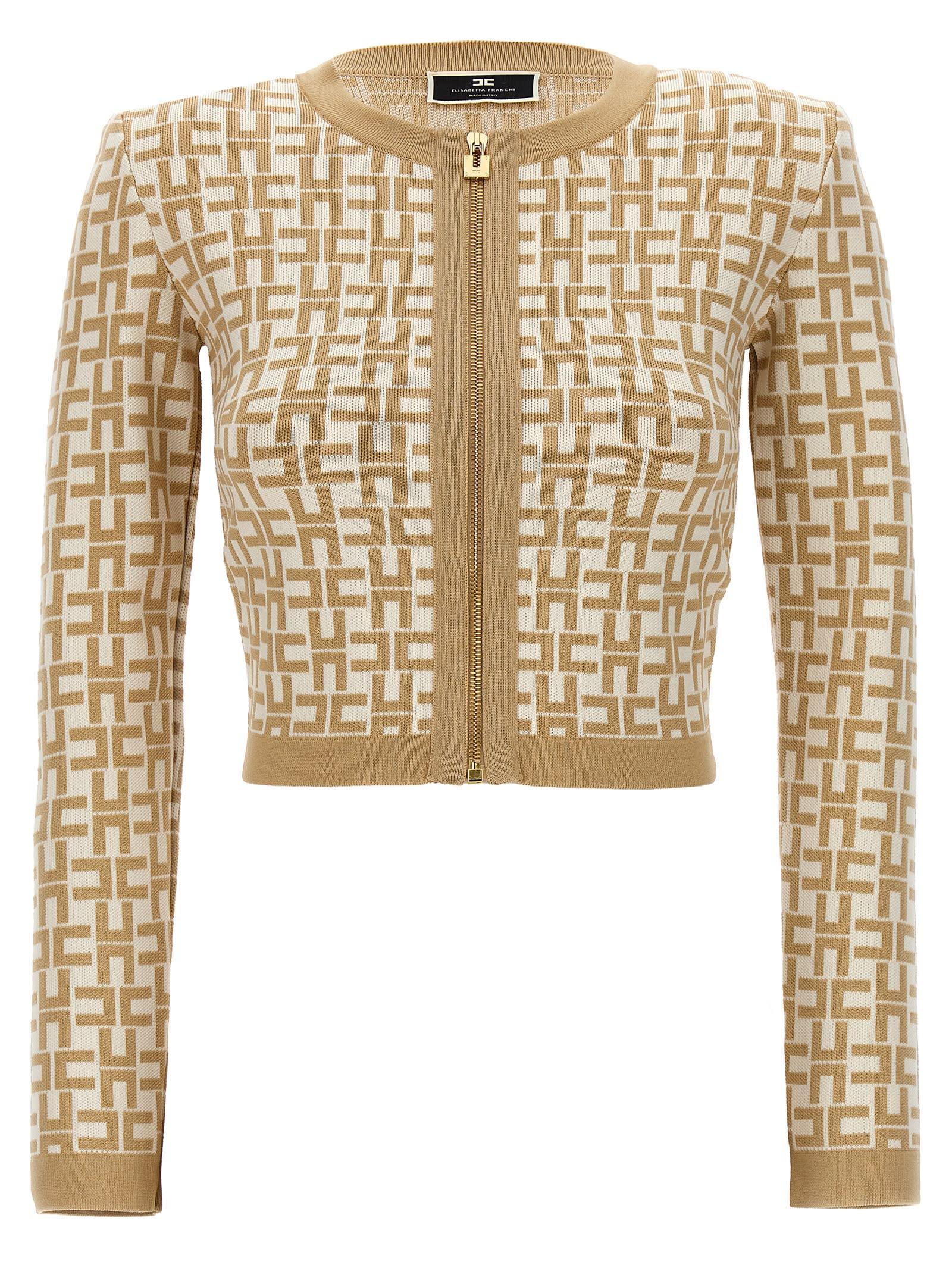 Elisabetta Franchi Jacquard Logo Cardigan Sweater Cardigans In Natural