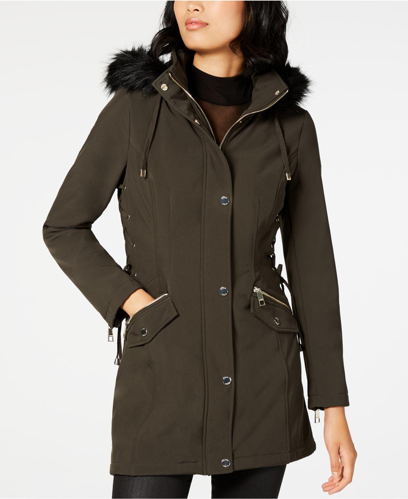 Guess Faux Fur Trim Lace Up Raincoat In Olive Green Lyst