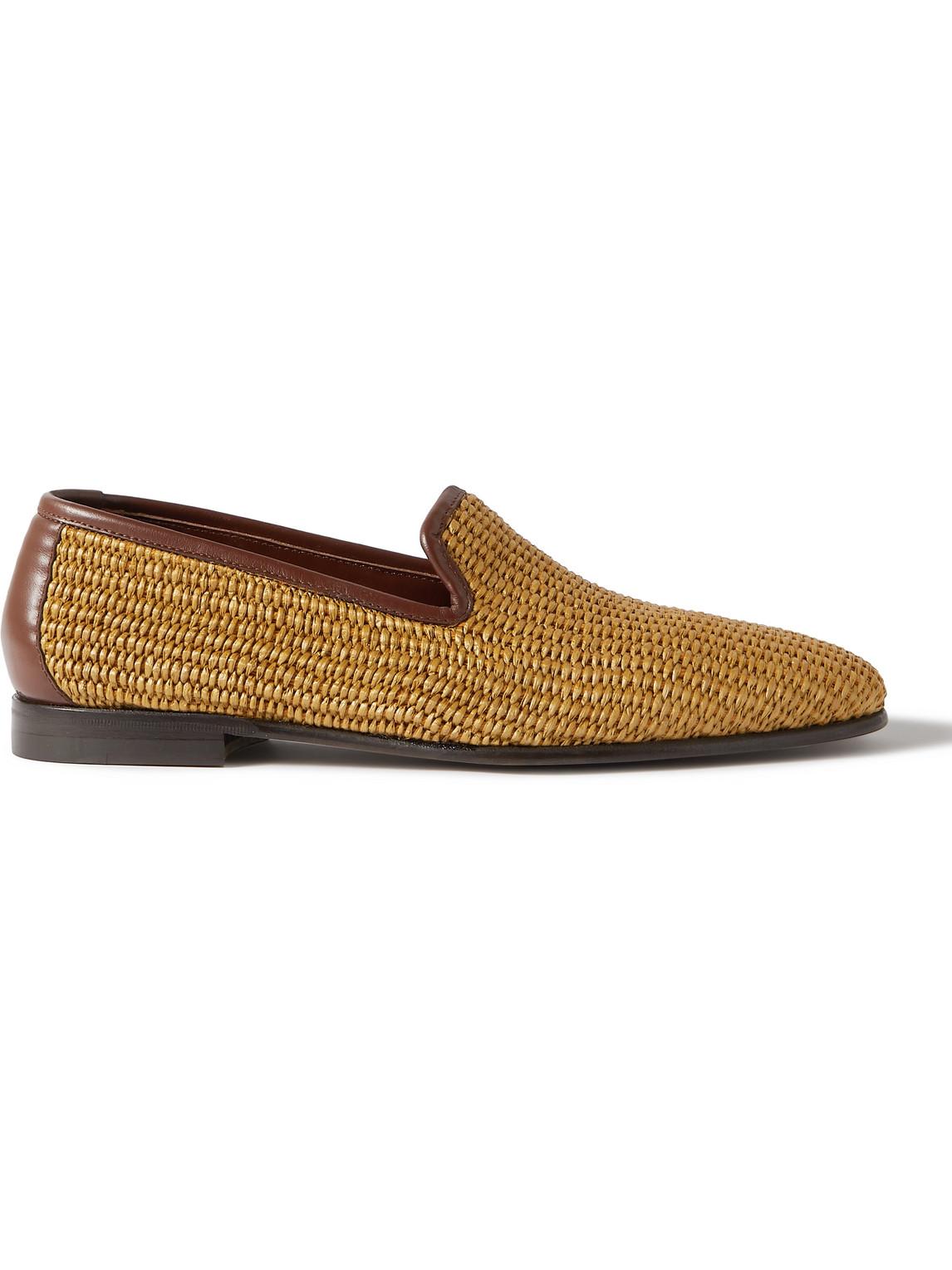 Manolo Blahnik Mario Leather Trimmed Raffia Loafers In Brown For Men Lyst