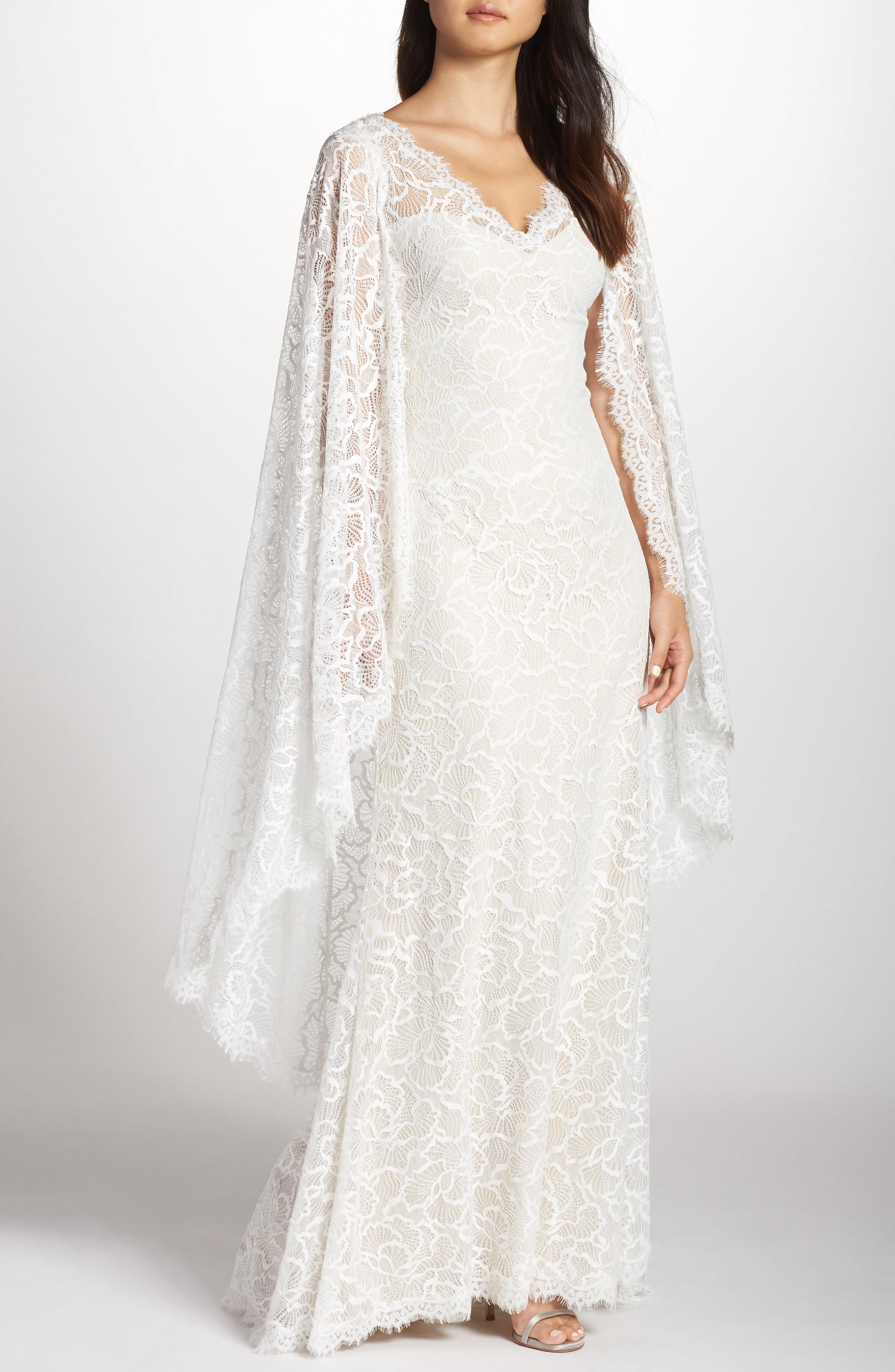 Tadashi Shoji Cape Detail Lace Gown In Ivory White Lyst