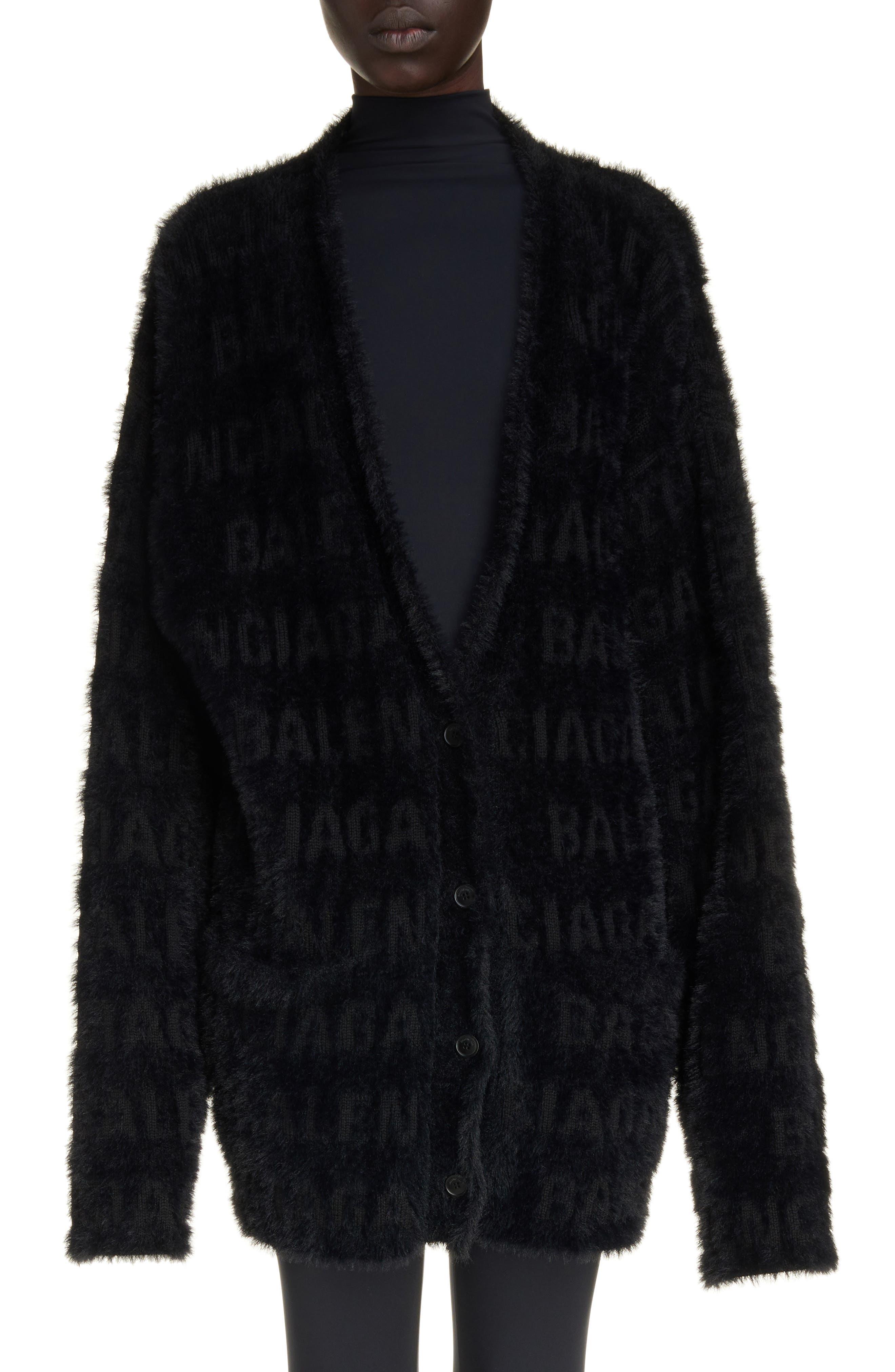 Balenciaga Oversize Furry Logo Jacquard Wool Blend Cardigan In Black Lyst