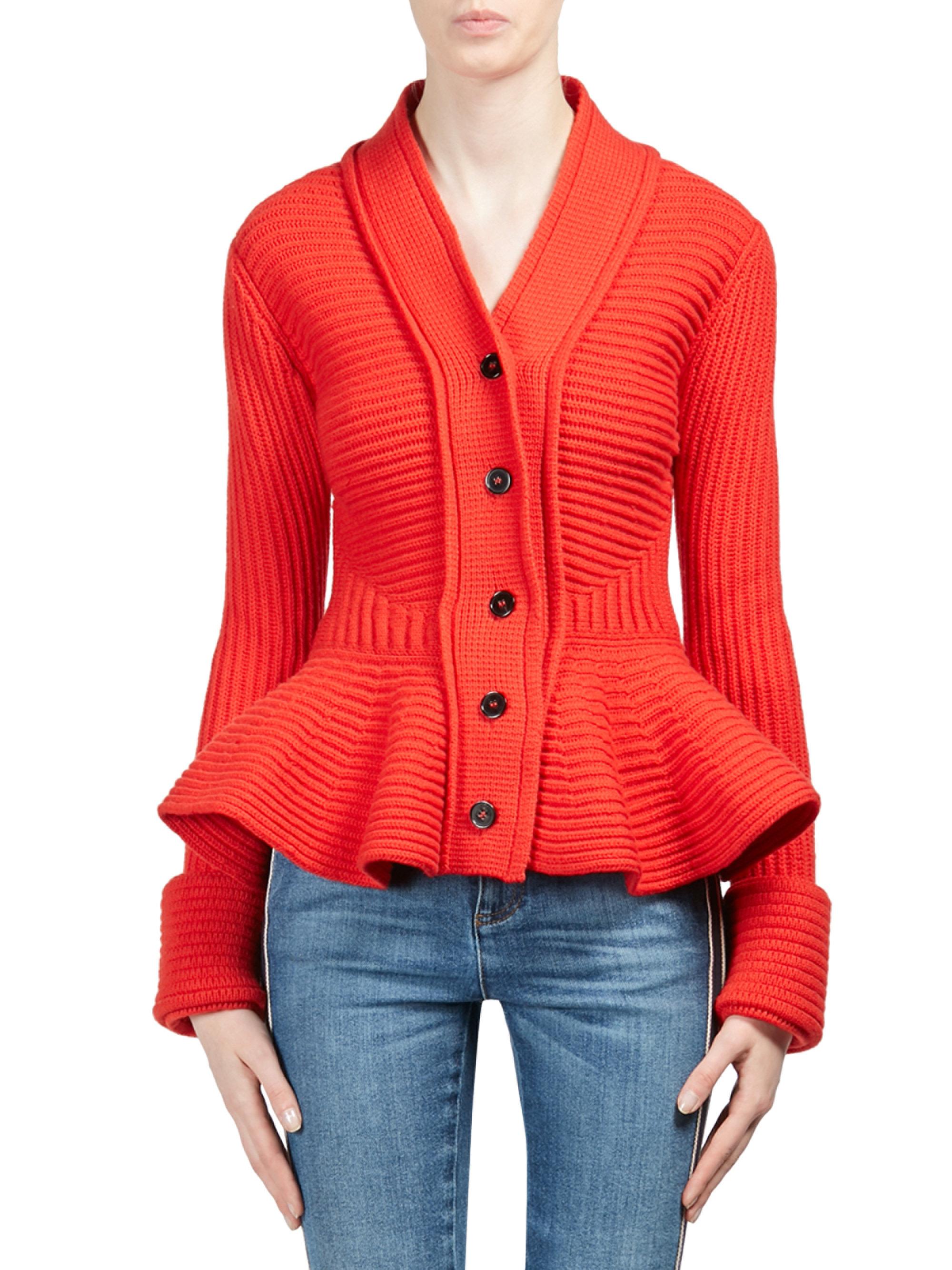 Alexander McQueen Wool Peplum Cardigan In Red Lyst