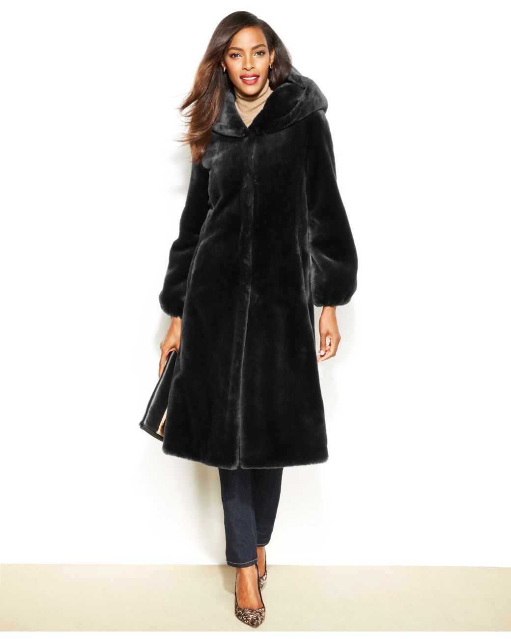 Jones New York Hooded Faux-Fur Maxi Coat in Black | Lyst