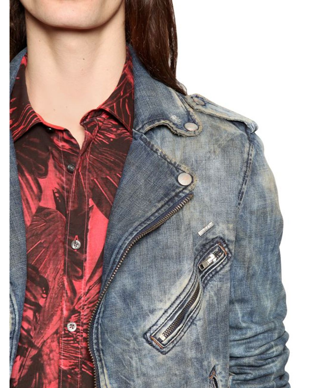 DIESEL Vintage Effect Cotton Denim Biker Jacket in Blue for Men Lyst