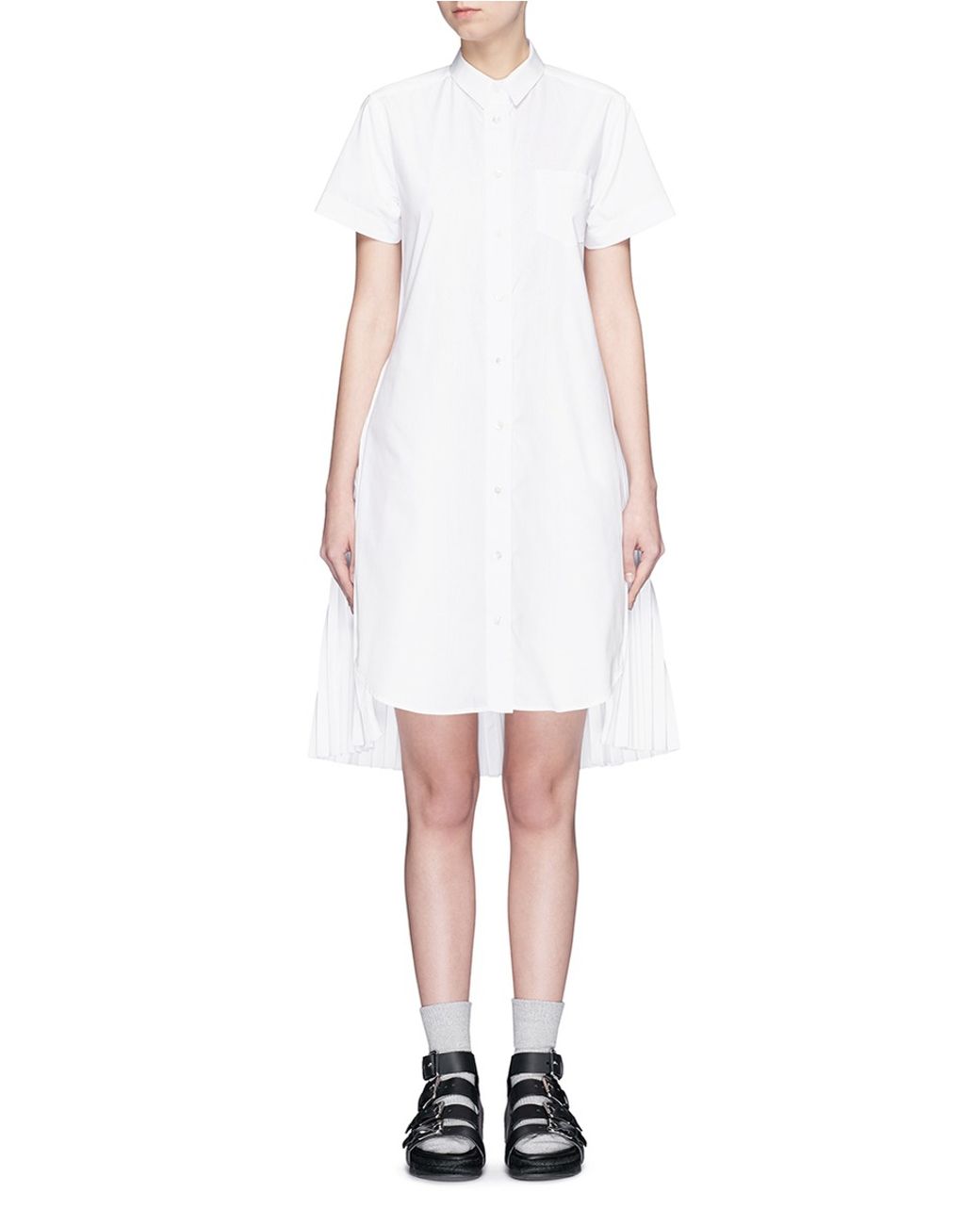 Sacai Open Back Pleat Skirt Poplin Shirt Dress in White | Lyst