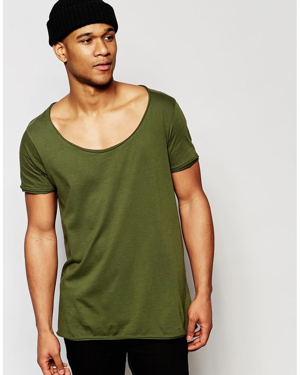 ASOS Longline T-shirt With Wide Scoop And Raw Edge In Green for Men | Lyst