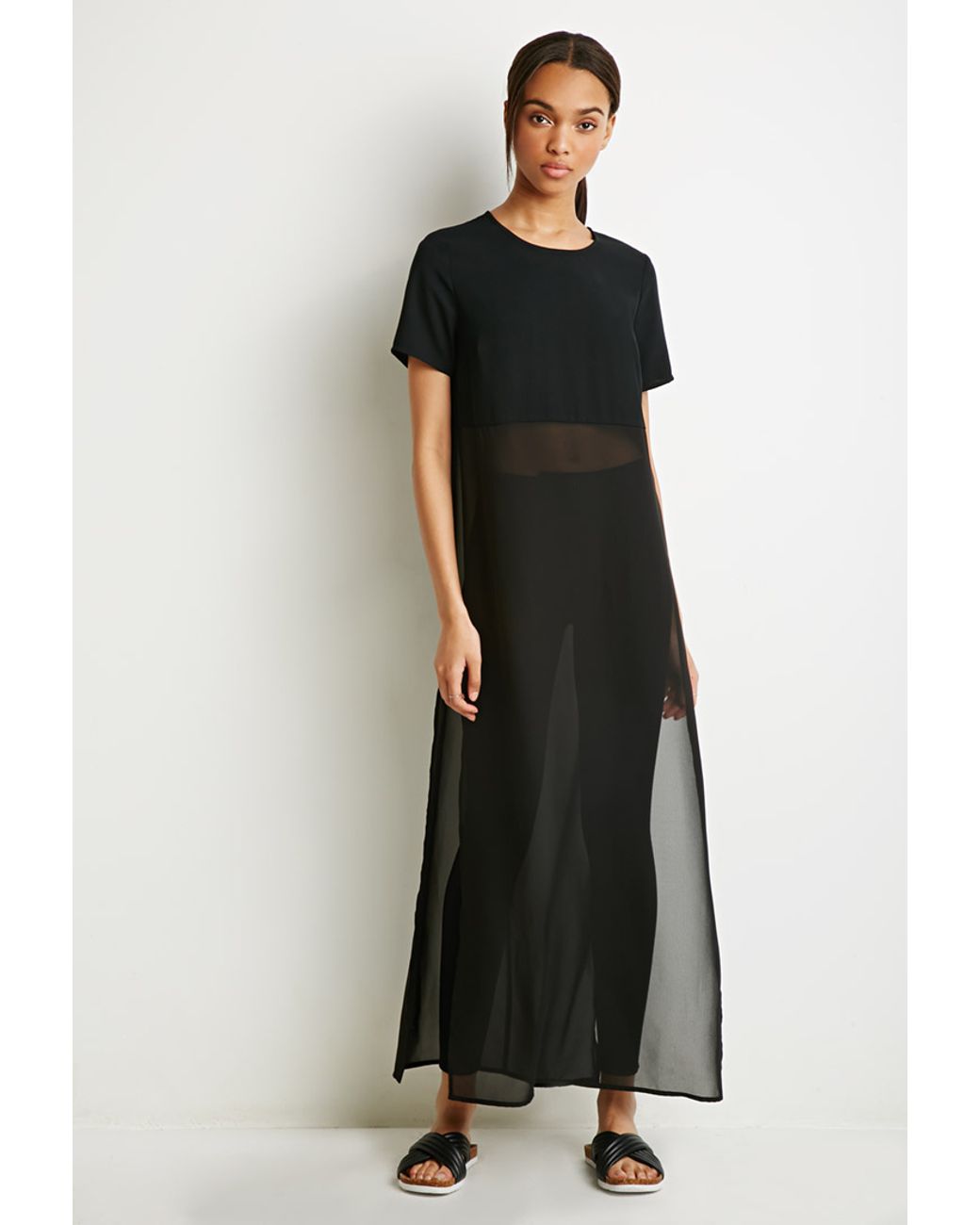 Chiffon-paneled Longline High-slit 