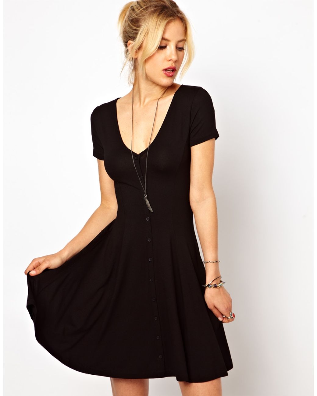 ASOS Skater Dress With Buttons And Short Sleeves in Black | Lyst