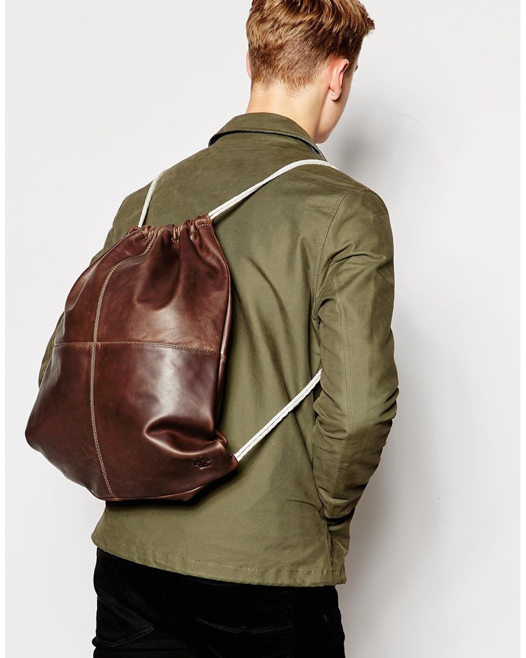 Lyle & Scott Leather Drawstring Backpack in Brown for Men | Lyst