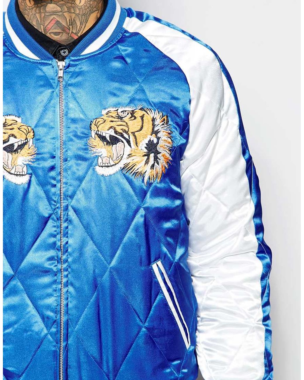 ASOS Bomber Jacket With Tiger Embroidery in Blue for Men | Lyst