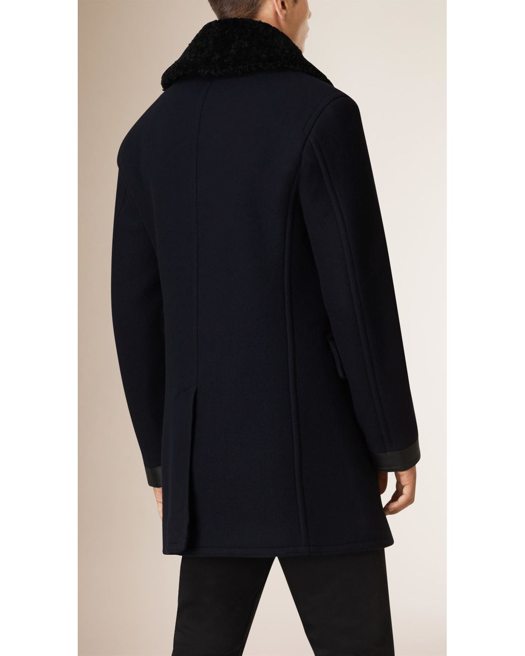 Burberry Shearling Collar Wool Blend Pea Coat in Blue for Men | Lyst