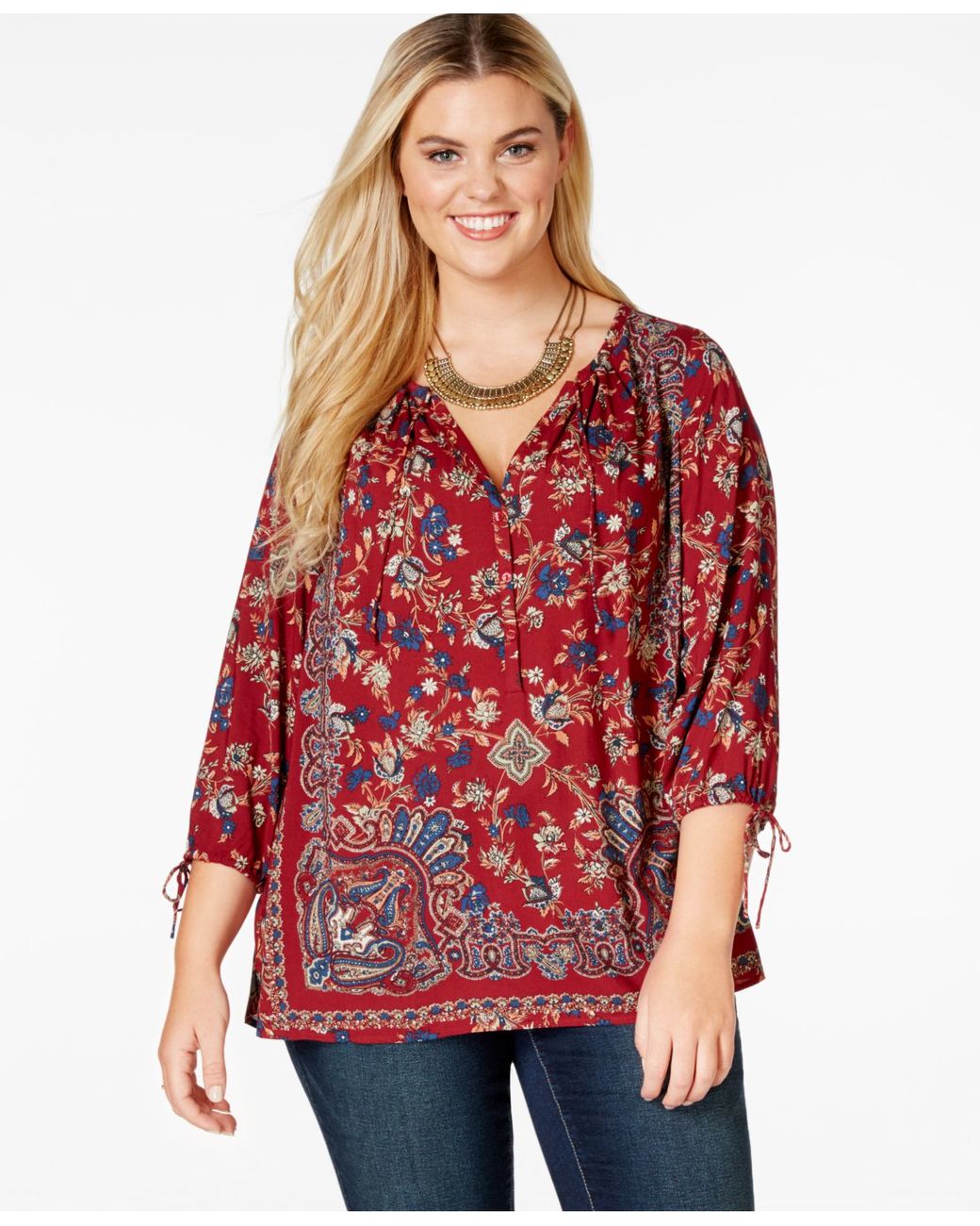 Lucky Brand Lucky Brand Plus Size Paisley-print Peasant Top in Red