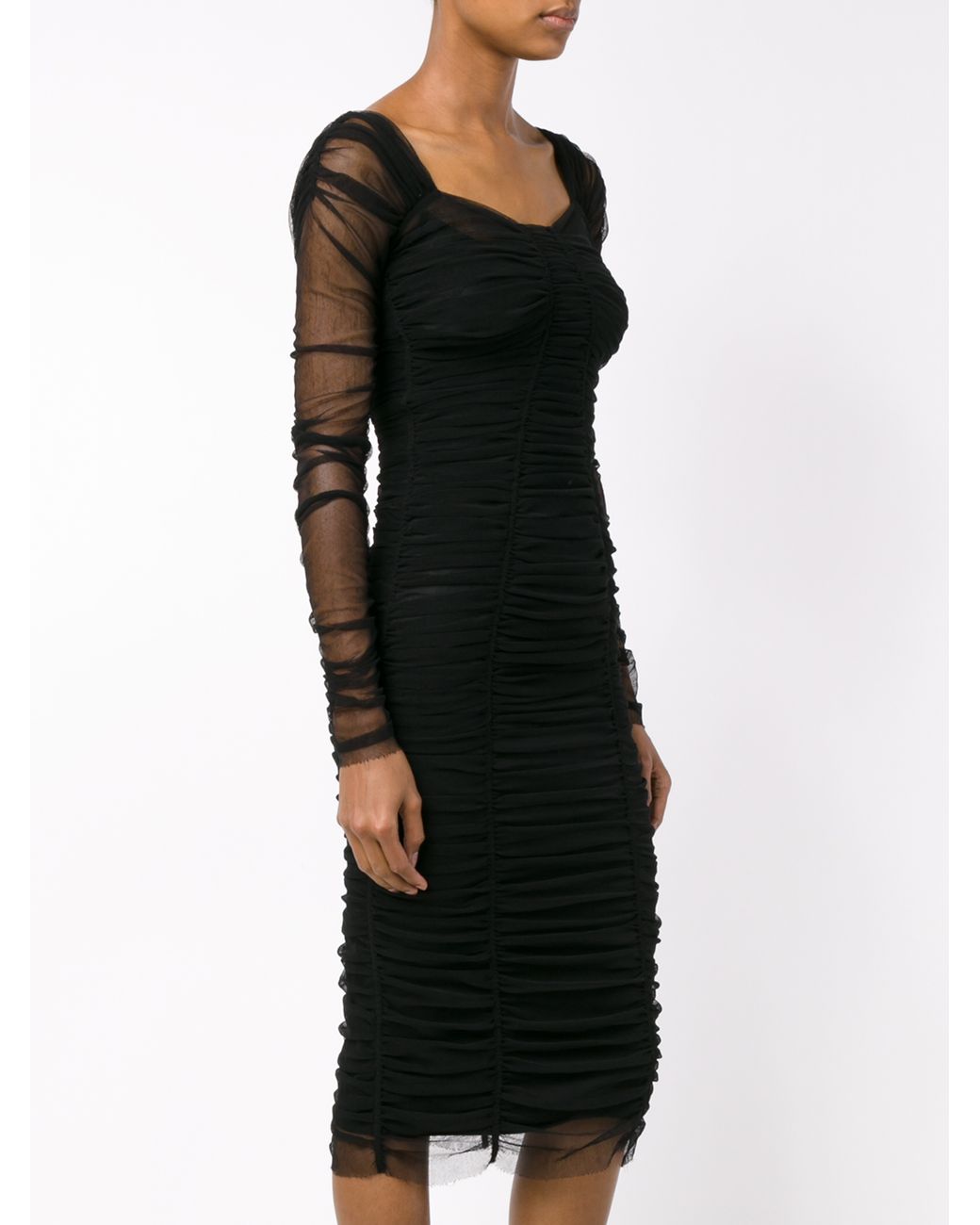 Cotton Sheer Sleeve Midi Dress in Black 