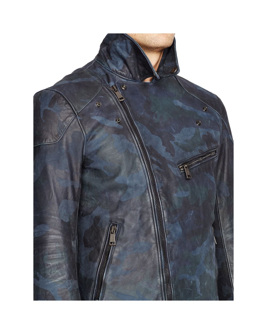 Ralph Lauren Camo Leather Biker Jacket in Blue for Men | Lyst