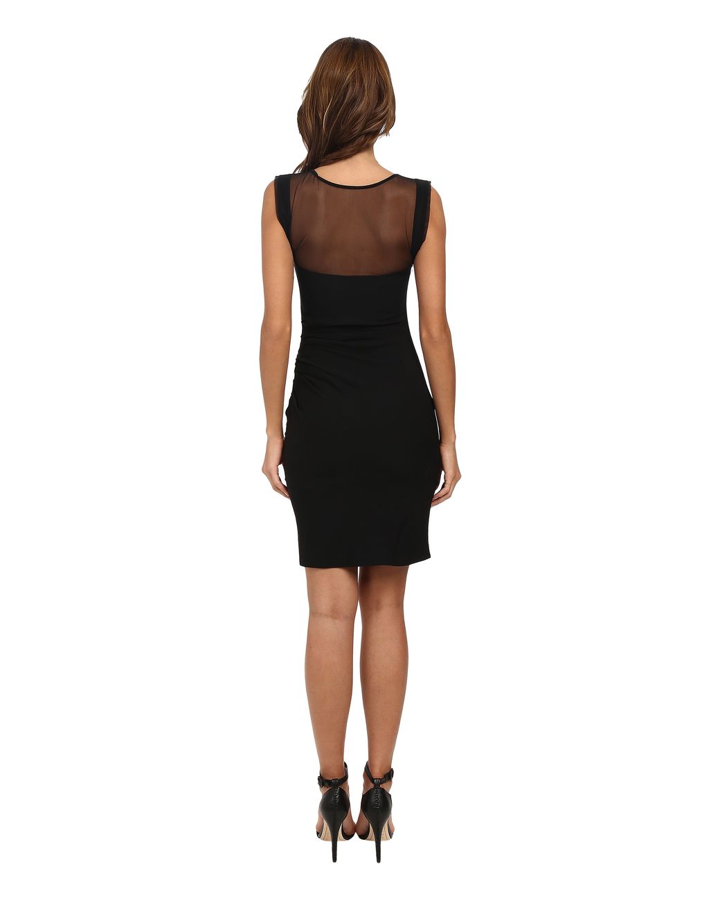 Vera Wang Short Sleeve Tulle Top Dress W/ Ruched Side Detail in Black | Lyst