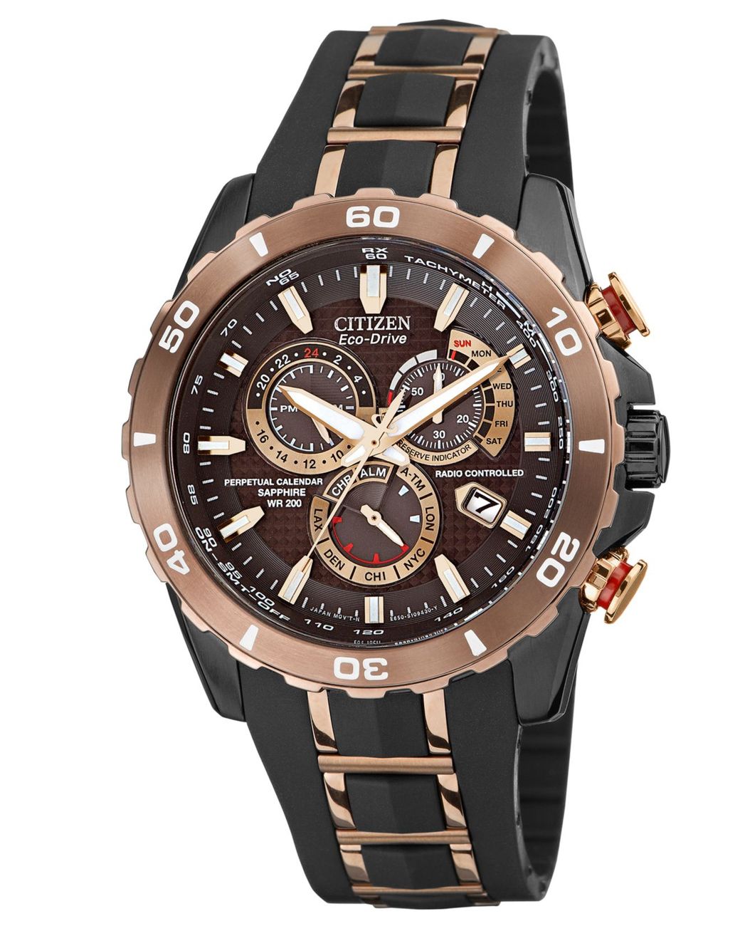 Citizen Men's Eco-drive Perpetual Chrono A-t Rose Gold-tone Stainless Steel  And Black Rubber Strap Watch 45mm At4028-03x in Pink for Men | Lyst