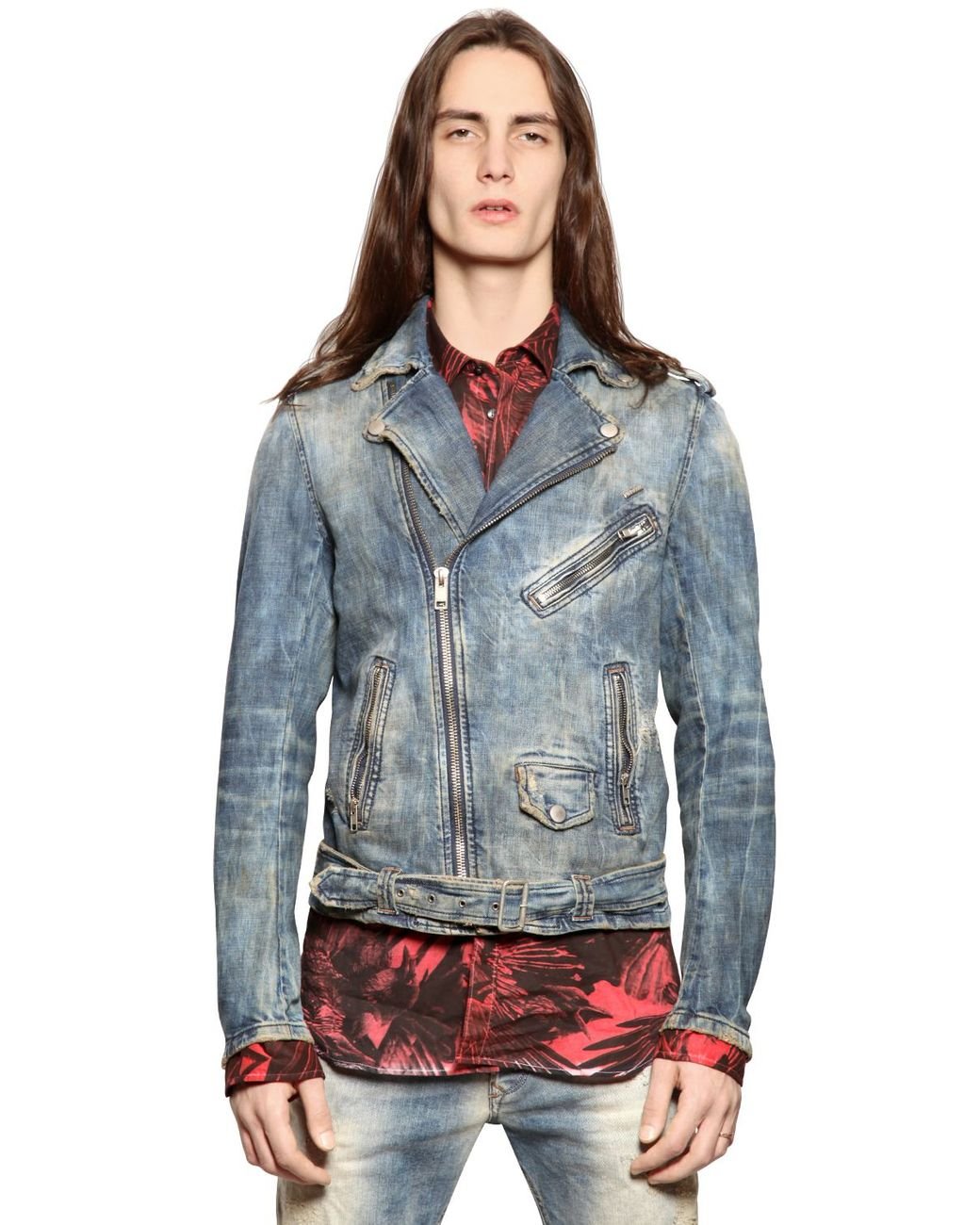 DIESEL Vintage Effect Cotton Denim Biker Jacket in Blue for Men Lyst