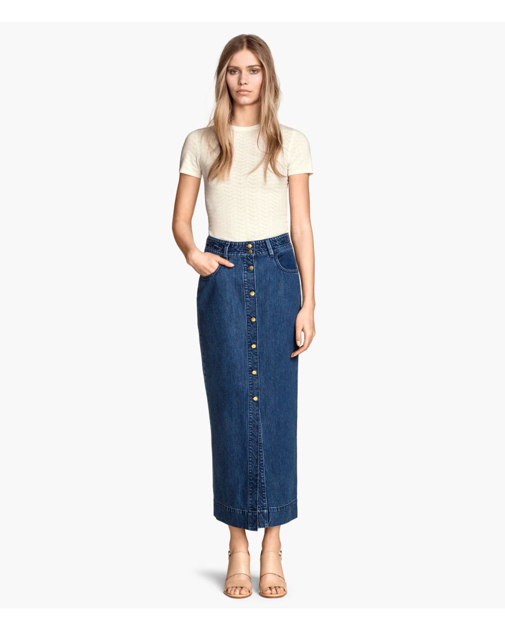 H&M Long Denim Skirt in Blue | Lyst