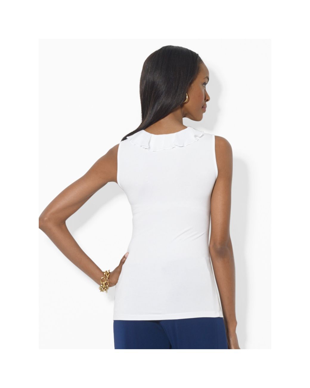 Sleeveless V neck top with ruffle