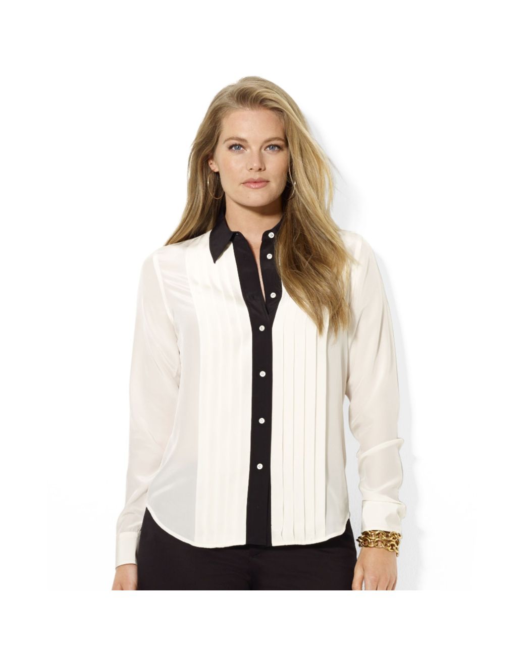 Lauren by Ralph Lauren Plus Size Colorblocked Silk Tuxedo Shirt in