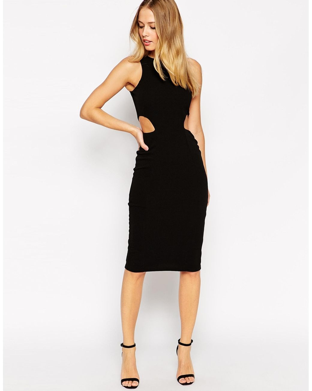 ASOS High Neck Cut Out Side Bodycon Midi Dress in Black | Lyst