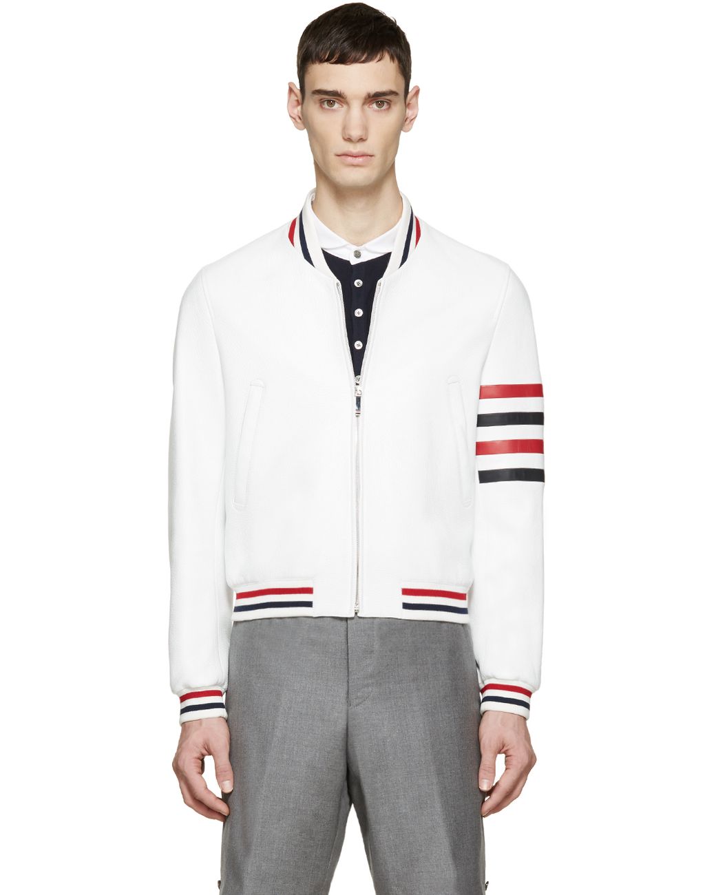 Thom Browne White Leather Varsity Bomber Jacket for Men | Lyst