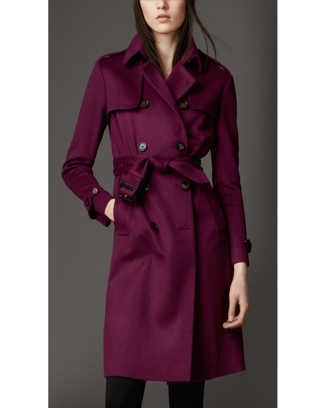 Burberry Long Double Cashmere Trench Coat in Purple | Lyst UK
