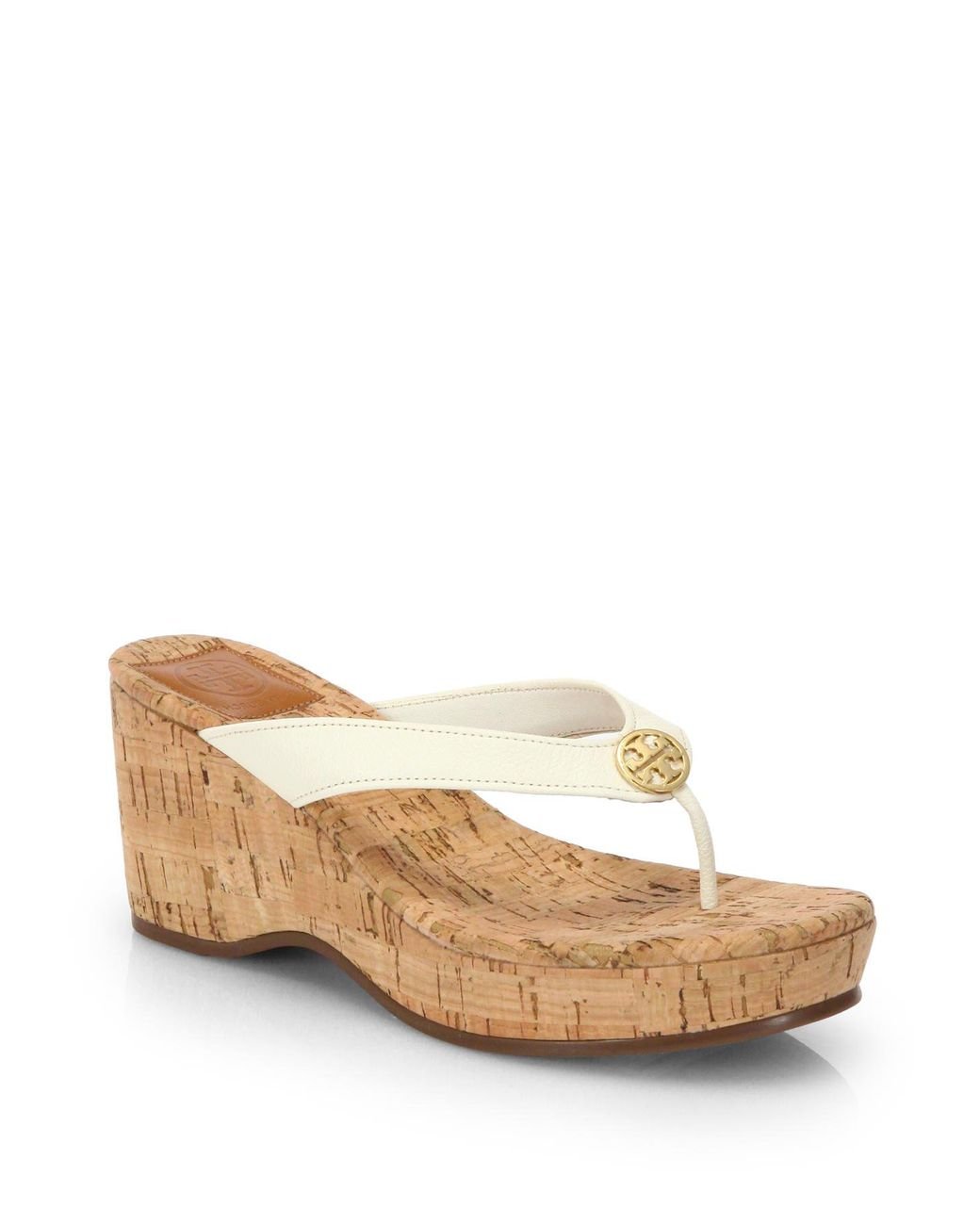 Tory Burch Suzy Leather Cork Wedge Sandals in White | Lyst