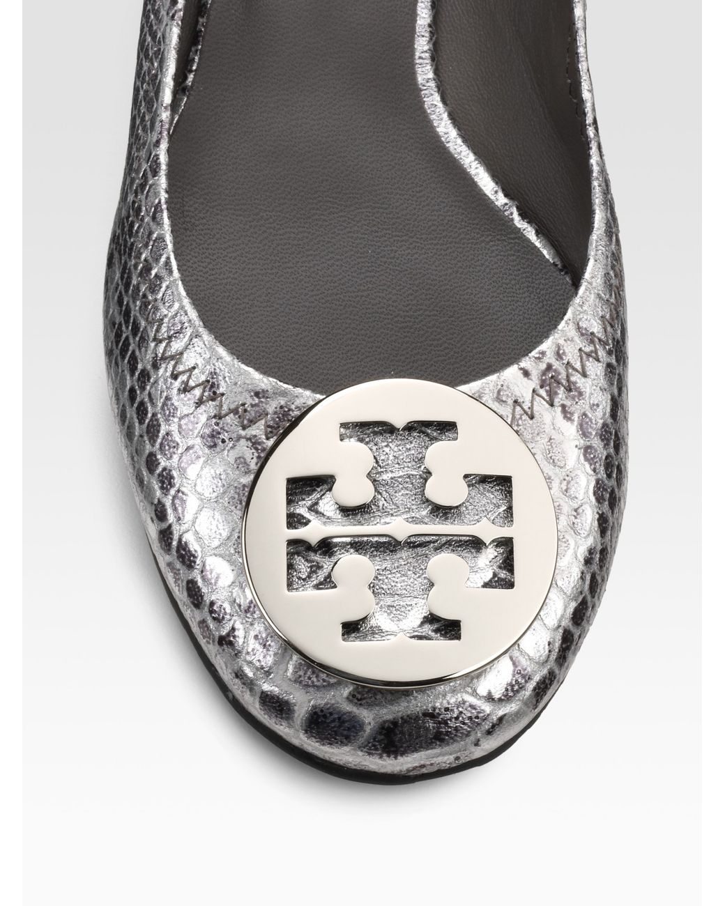 Tory Burch Reva Snake-embossed Leather Ballet Flats in Metallic | Lyst