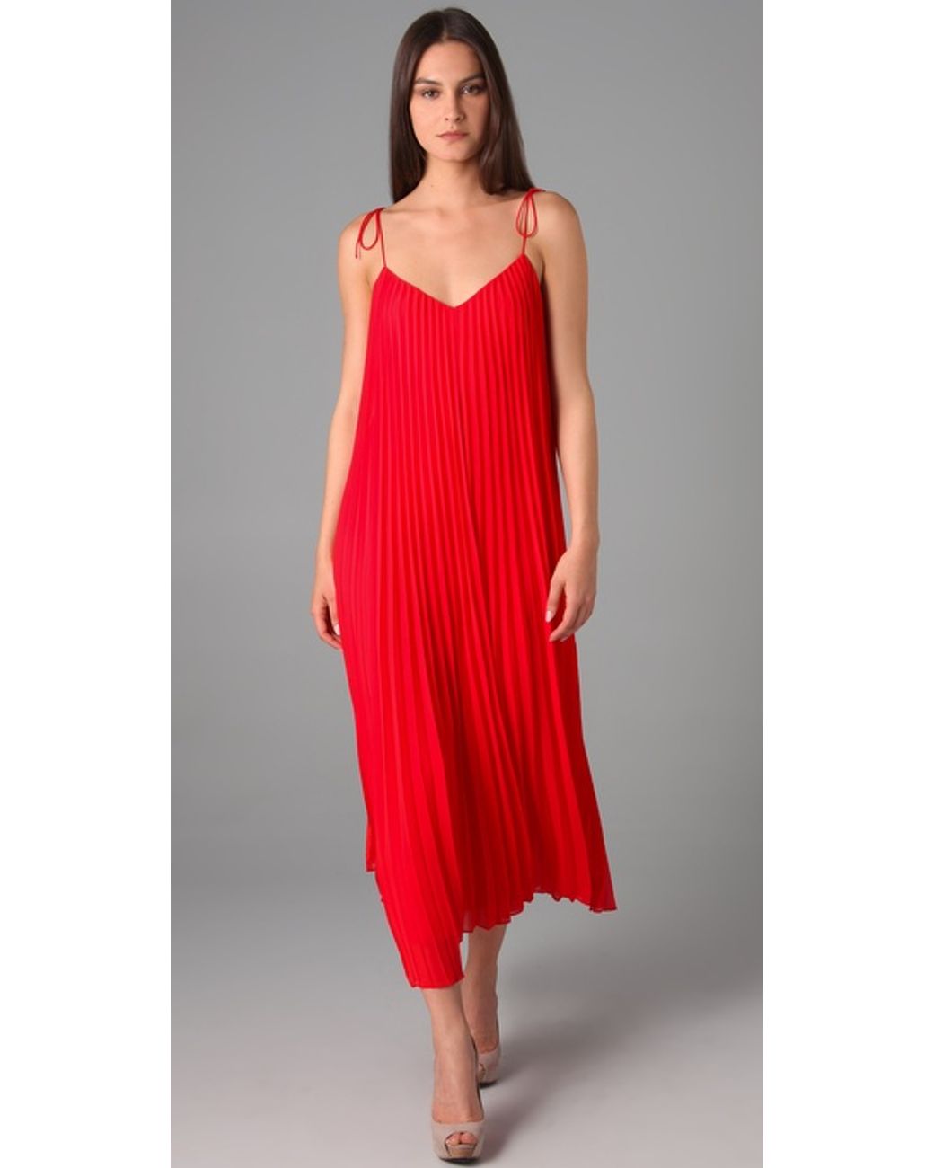 Halston Spaghetti Strap Pleated Maxi Dress in Red | Lyst