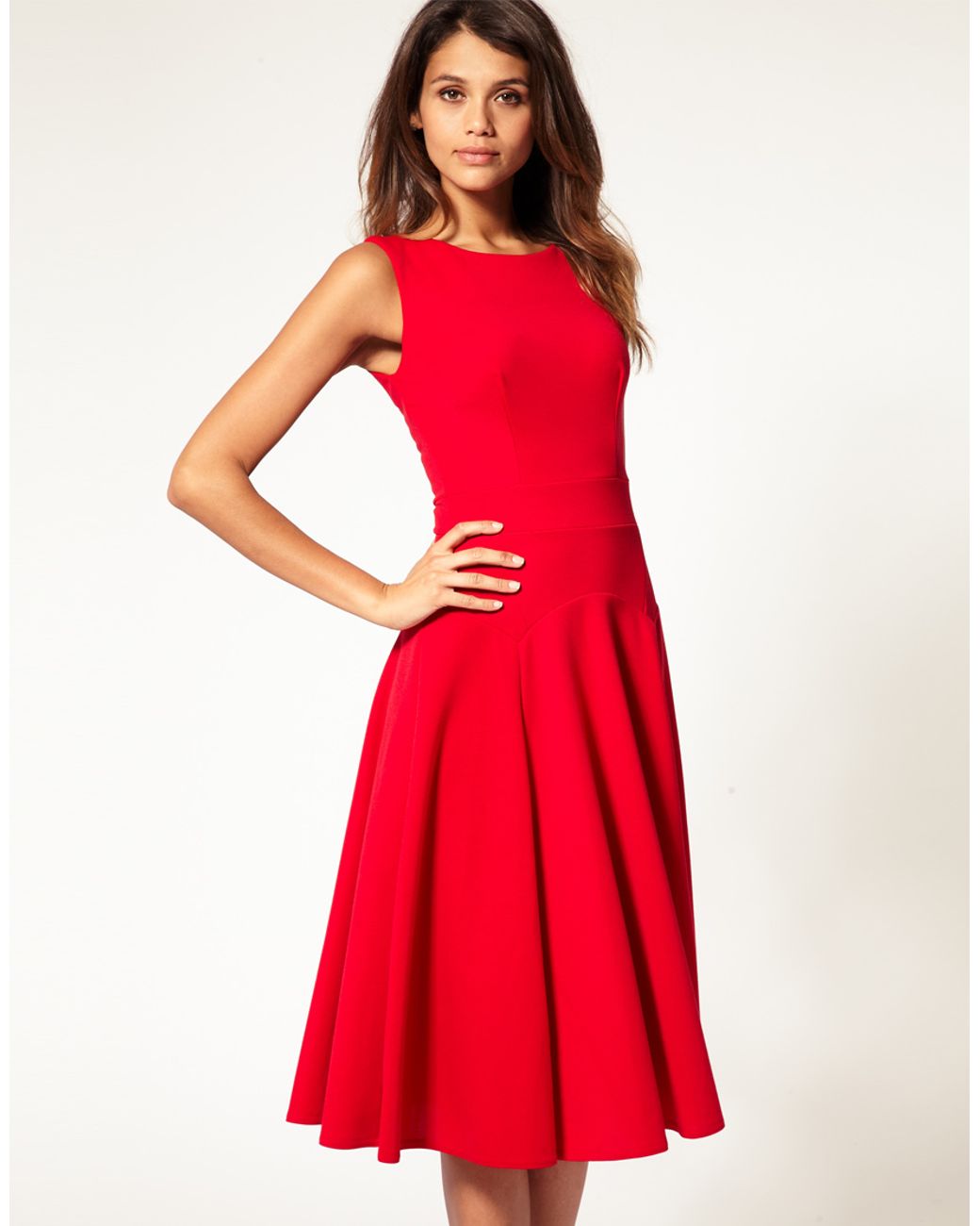 ASOS Collection Asos Midi Fit & Flare Dress with Basqued Waist in Red ...