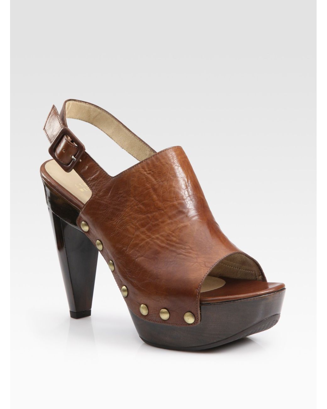 Stuart Weitzman Bold Leather and Wooden Peep Toe Clogs in Brown | Lyst