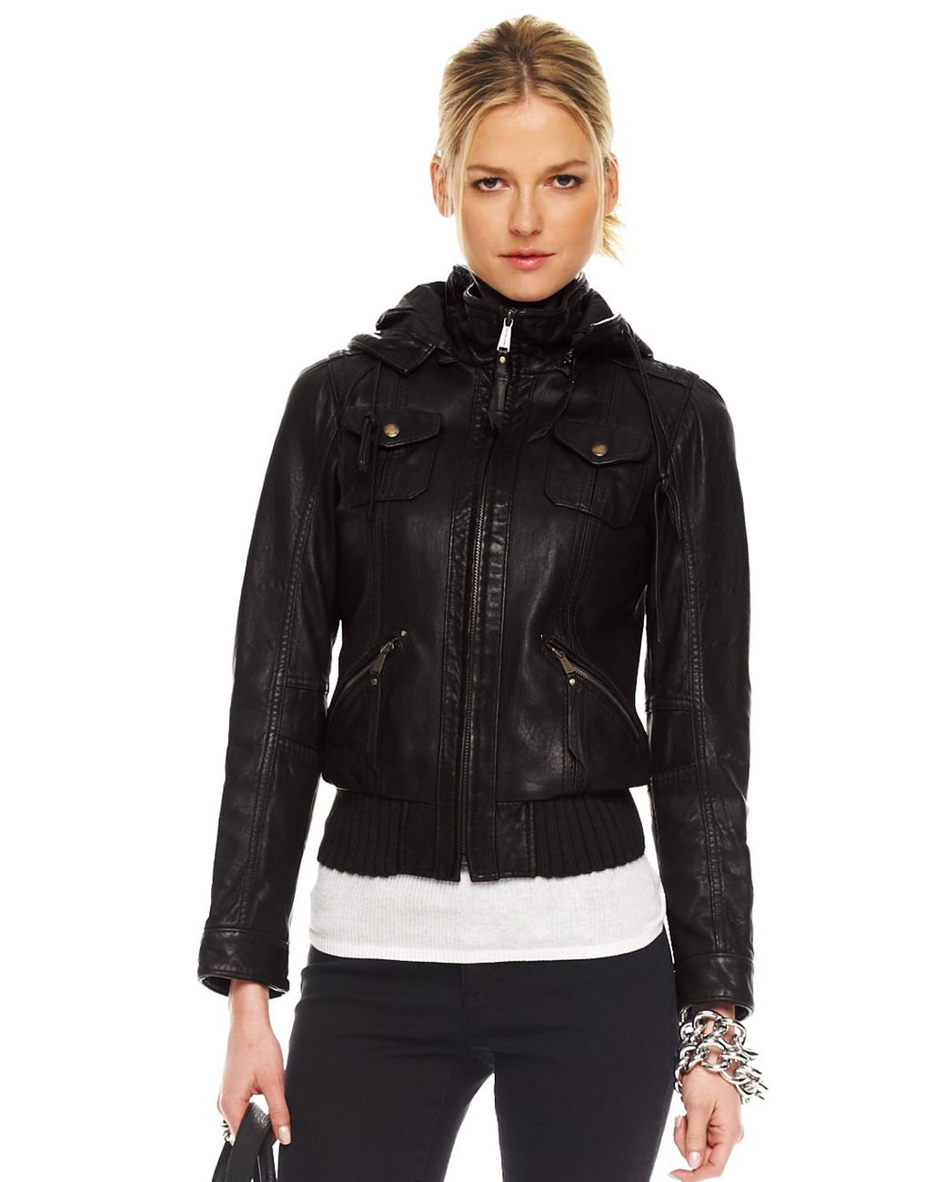 Michael Kors Hooded Leather Jacket in Black | Lyst