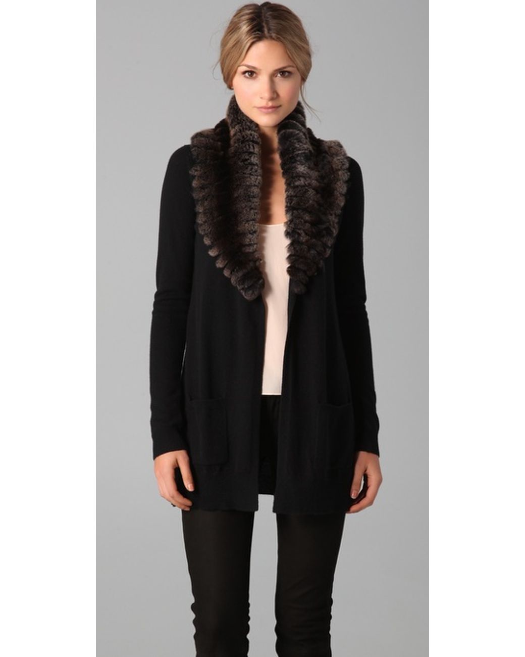 Theory Meiliza Cashmere Cardigan with Genuine Rabbit Fur Collar in