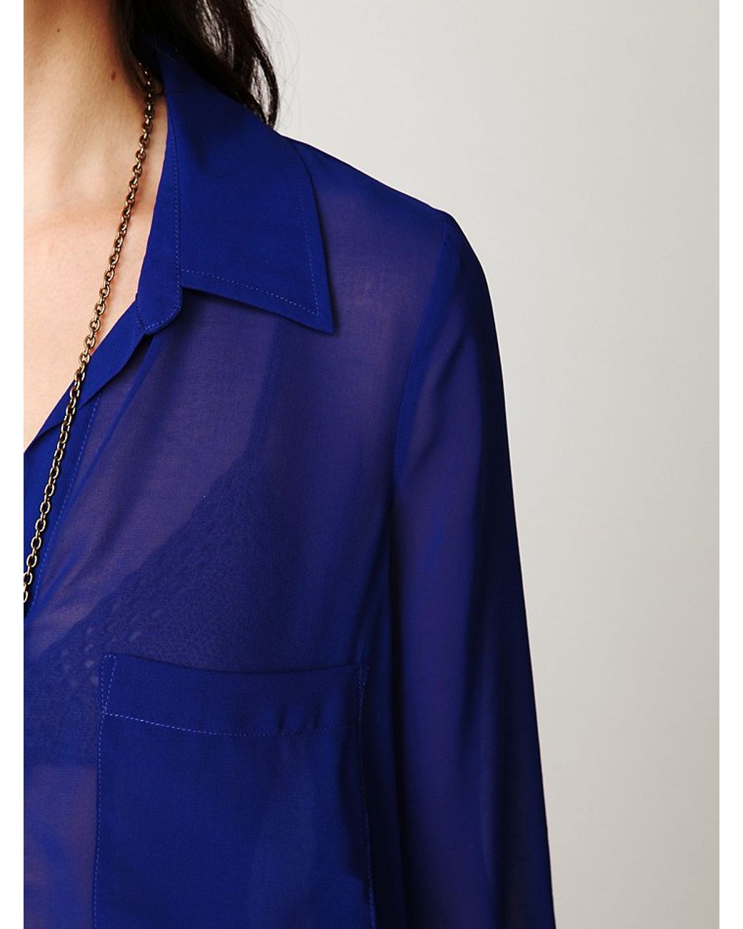 Free People Sheer Buttondown Tab Shirt in Cobalt Blue (Blue) Lyst