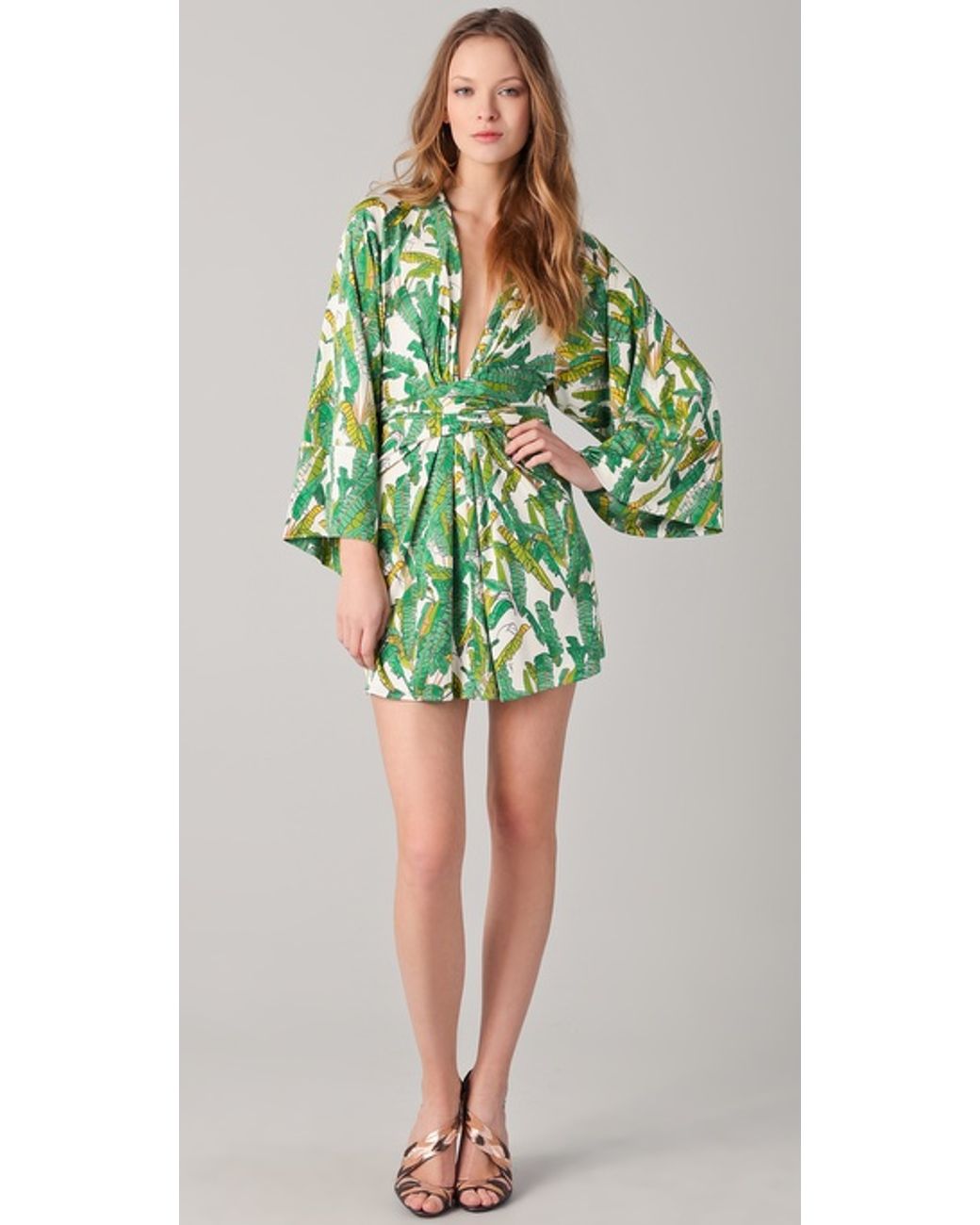 Issa Print Short Kimono Dress in Green | Lyst