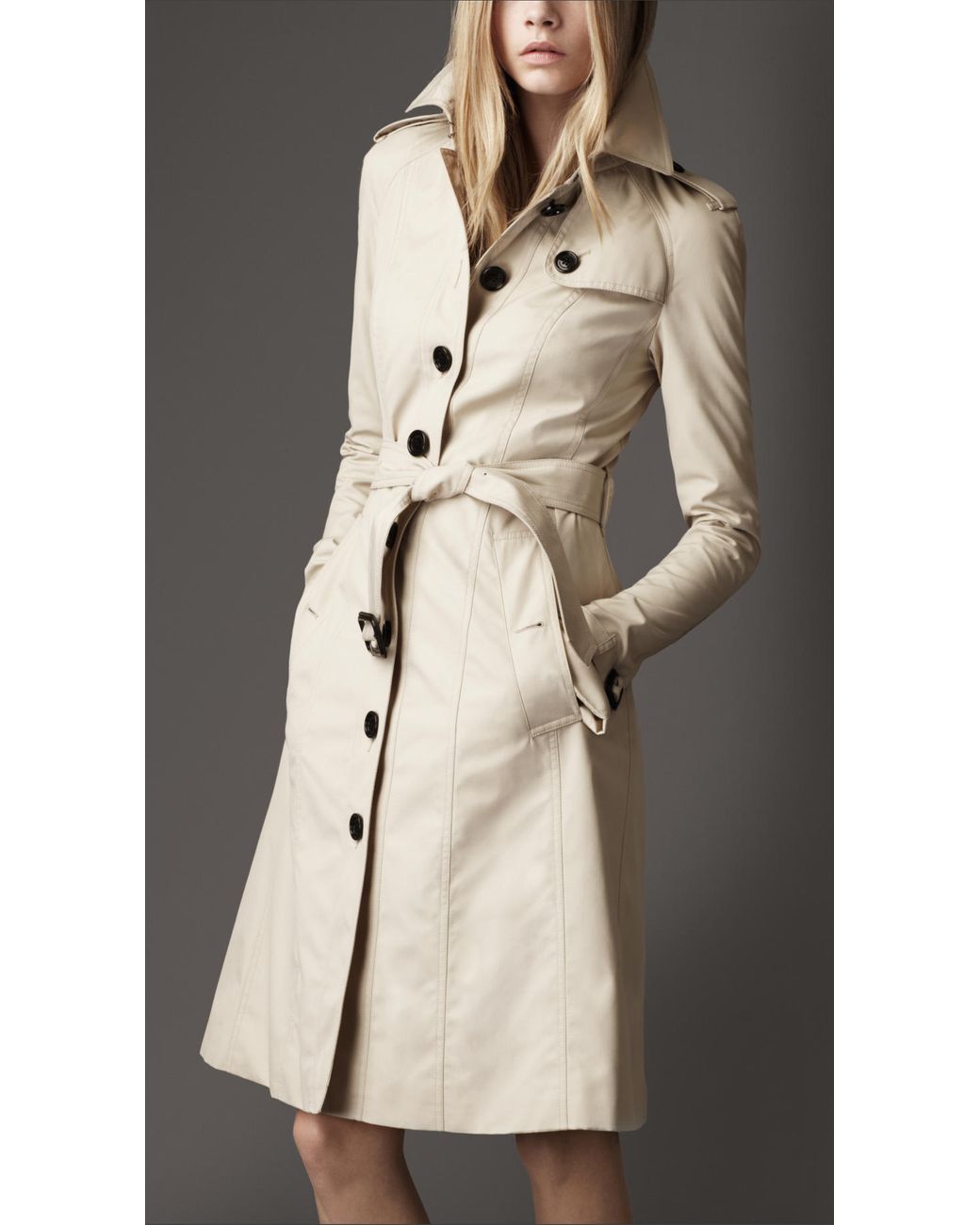 Burberry Long Cotton Blend Single Breasted Trench Coat in Natural | Lyst UK