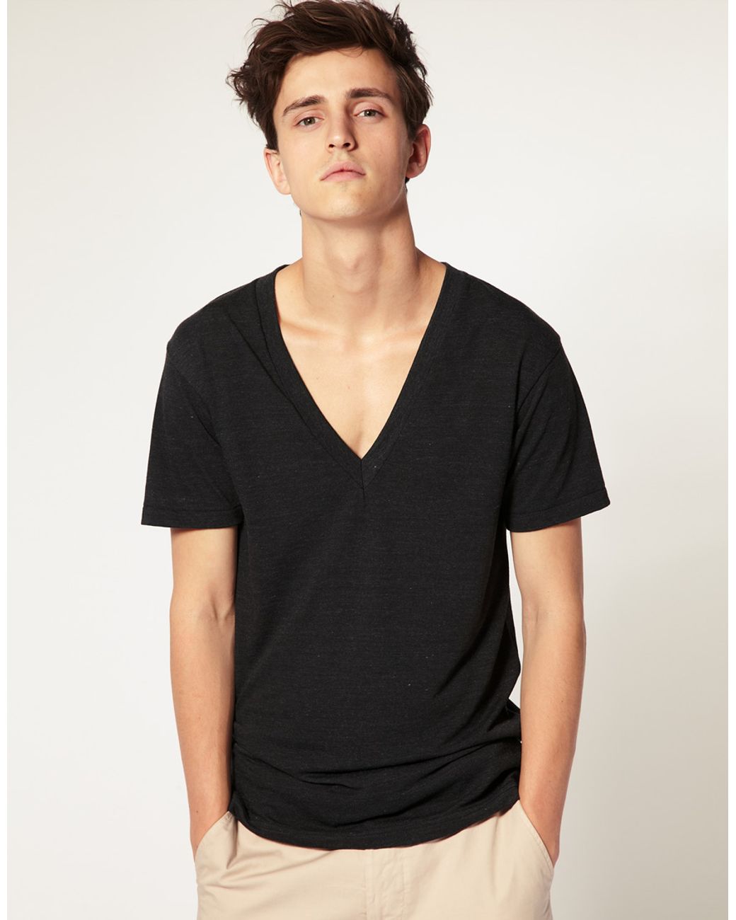 American Apparel Tri-Blend Deep V-Neck T-shirt in Black for Men